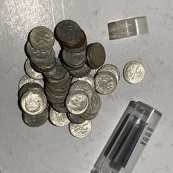 Four rolls of silver Roosevelt dimes dated 1964 and older 90% coins coin below Melt 