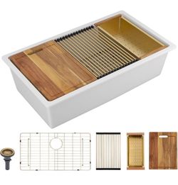 30”x19” white granite composite sink- single bowl undermount. White  Quartz sink with gold accessories