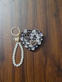 Gorgeous Rhinstones Black Heart Double Mirror Keychain