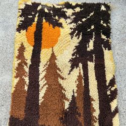 Vintage Brucilla Latch Hook Wall Hanging Woodlands At Sunrise Orange Brown Trees MCM Mid Century 