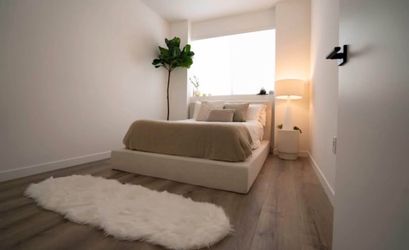 Full custom linen bed, Nectar Full Memory Foam Mattress, and Tempur-Pedic mattress topper