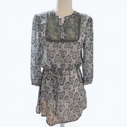 KUT from the Kloth Sheer Olive & White Printed Lace Yoke Tunic, Size M, MSRP $69