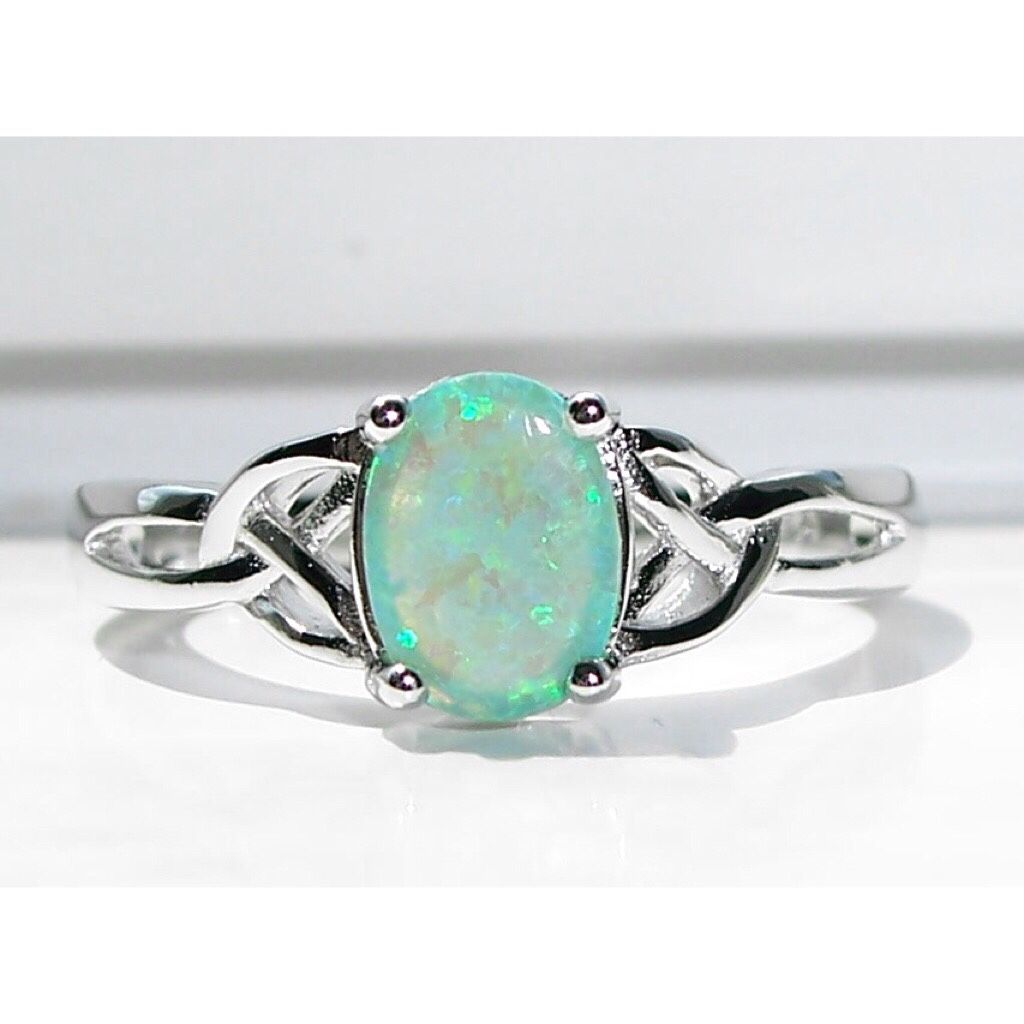 Size 7, 925 Sterling Silver Lab Created Green Fire Opal Ring