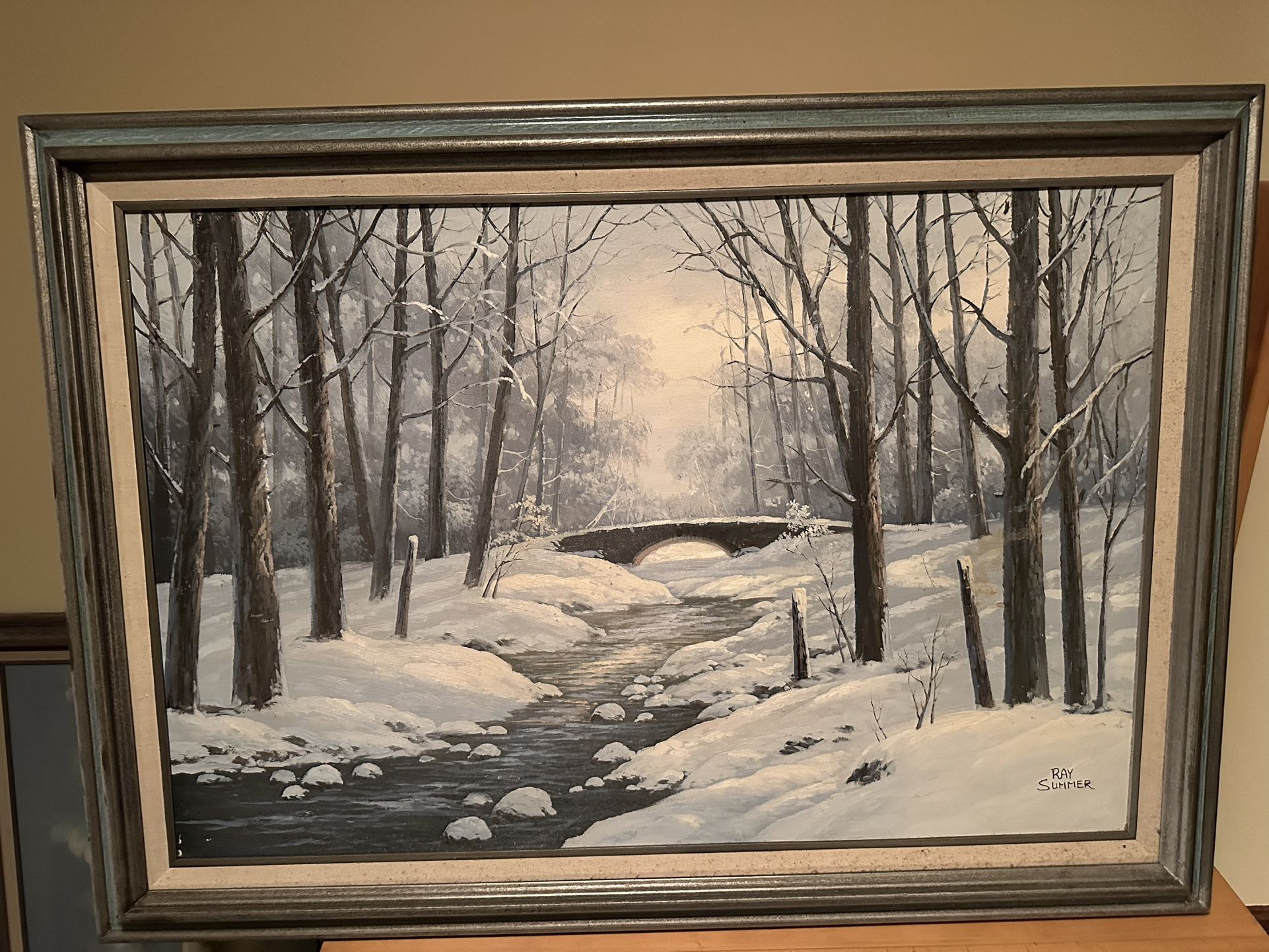 Framed Winter Bridge Canvas Painting
