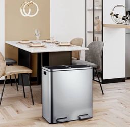 Dual Step Trash Can, 16 Gallon (2×30L) Stainless Steel Garbage Can with 2 Soft-Close Lid and 2 Removable Inner Wastebasket, Bin Body with Handle for K