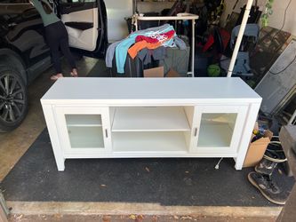 White TV Stand with Glass Door Cabinets