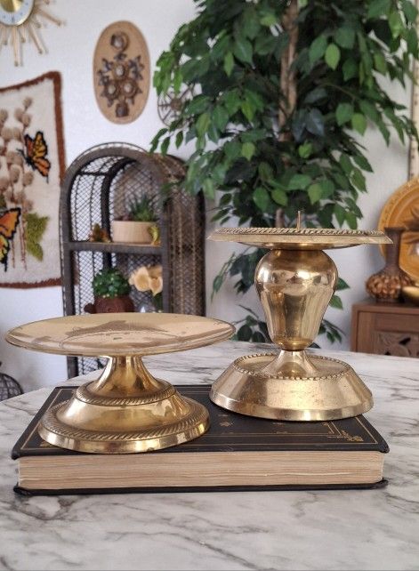 Brass Pillar Candle Holder Set Of 2 Vtg