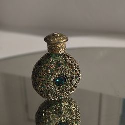 Vintage Czech Gold Filigree With Emerald Jewels Glass Perfume Bottle