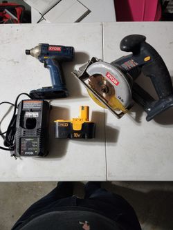 Blue Ryobi 2-tool set with battery and charger