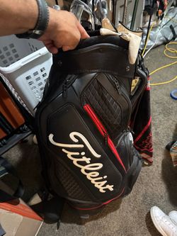 Titleist Cart Golf Bag Black and Red, irons, wedges and woods