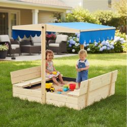 Sandbox with Cover for Kids Outdoor, 2026 New Wooden Sand Boxs with 2 Foldable Bench Seats & Adjustable UV-Resistant Canopy, Includes Protection Botto