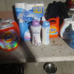 2 Tide Pods 2 Downey Boosters  1 Dish Detergent Dawn 1 Downey Softand Fresh Softner 1 All Pods 1 Tide Liquid1 Toilet Paper