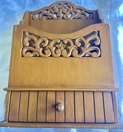 Vintage Wooden Carved Mail Organizer with Drawer