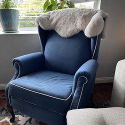 Custom Reupholstered Denim Wingback Reclining Chairs