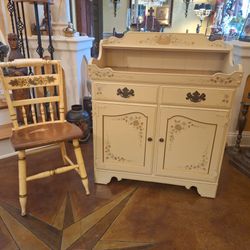 VINTAGE ETHAN ALLEN HAND-PAINTED DRY SINK CABINET & MATCHING CHAIR SET