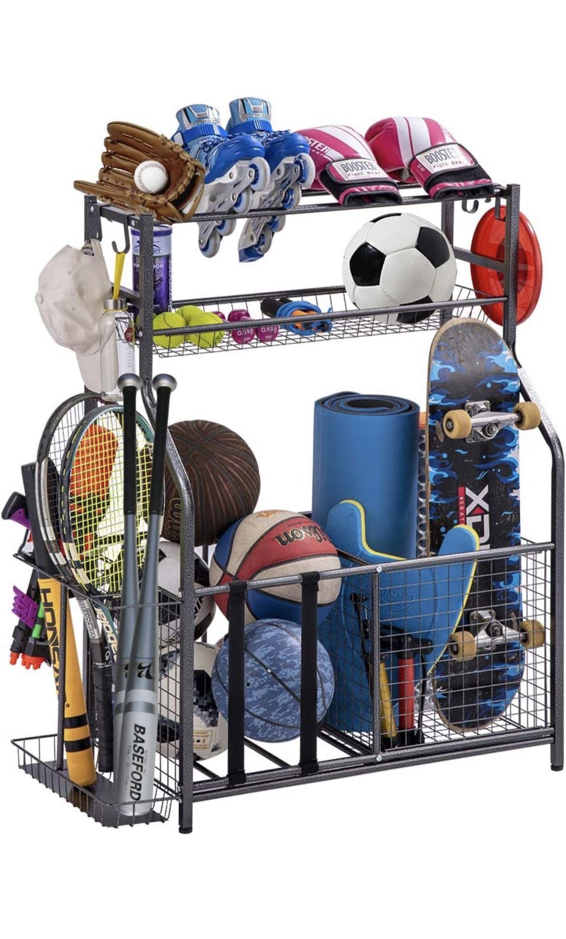 Garage Sports Equipment Storage Organizer with Baskets and Hooks - Easy to Assemble - Sports Ball Gear Rack Holds Basketballs, Baseball Bats, Football