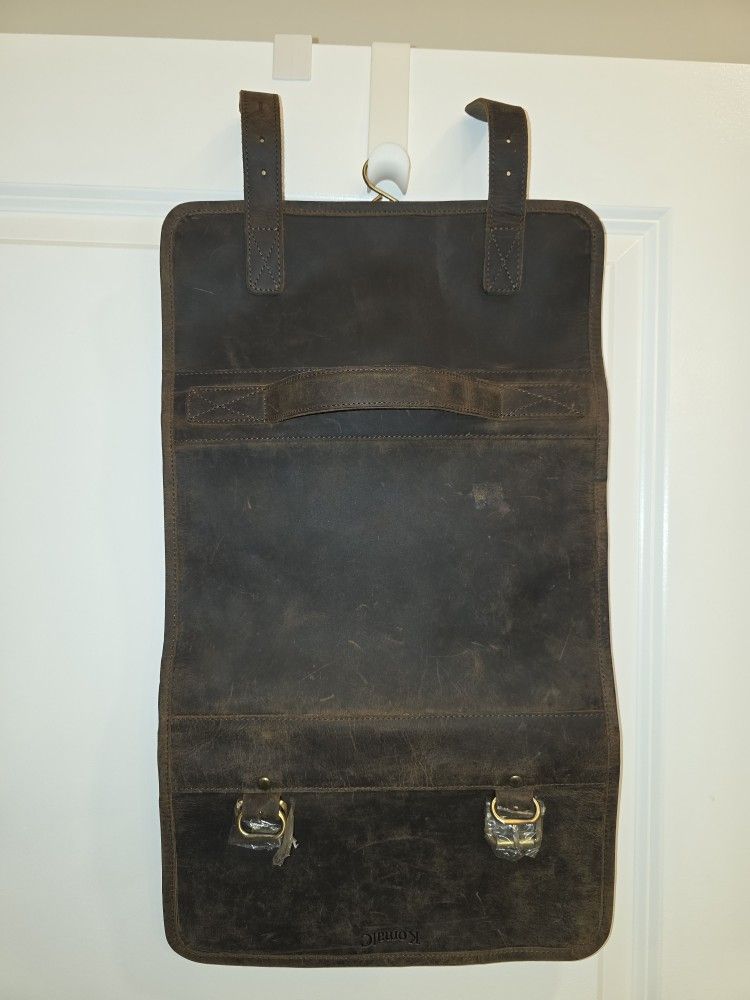 KomalC Leather Hanging Toiletry Bag Travel Dopp Kit Organizer Brown Roll Up