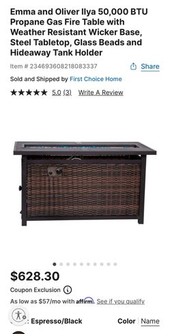 Emma and Oliver Ilya 50,000 BTU Propane Gas Fire Table with Weather Resistant Wicker Base, Steel Tabletop, Glass Beads and Hideaway Tank Holder