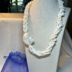 Twisted Multi Strand Shell Bead and Chip, Large off Center Shell Pendant Necklace