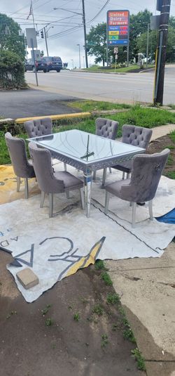 Beautiful Dining Set  & ( 6 Beautiful gray  vervet  fabric  chairs)