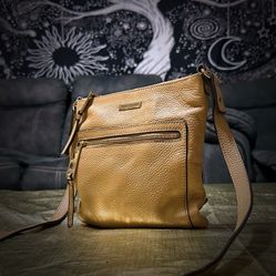 Vintage Tommy Hilfiger Tan Crossbody Bag with Adjustable Strap and Brass Hardware