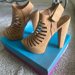 Tan Caged Platform Block Heel Sandals