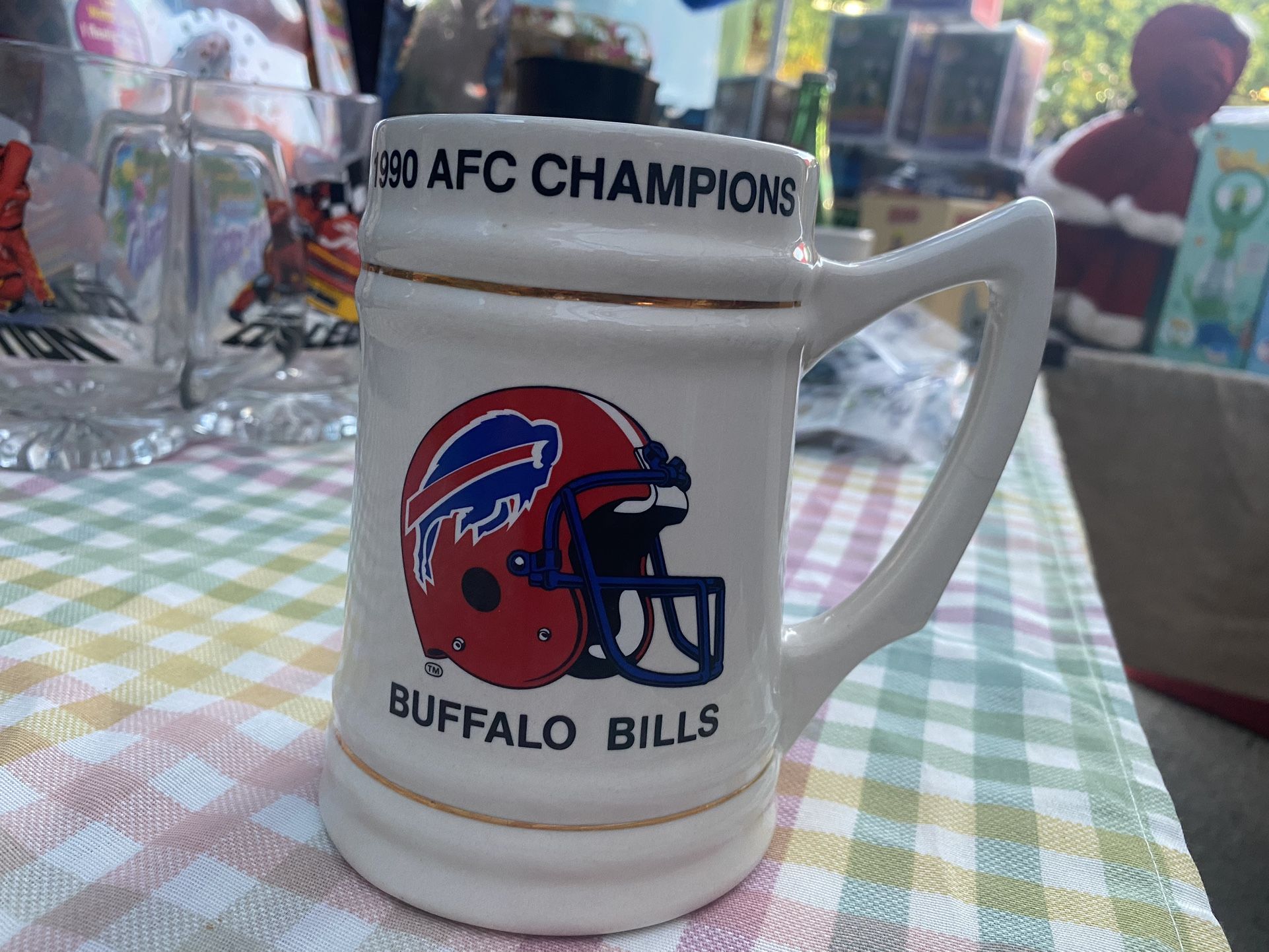 Vintage Buffalo Bills 1990 AFC Champions Beer Stein Mug W/Gold Leaf Trim