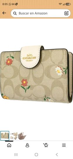 COACH Cartera mediana con cremallera en las esquinas para mujer (caqui claro - Signature Ditsy Flower)