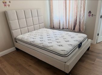 Excellent condition upholstered headboard twin size bed with Serta mattress