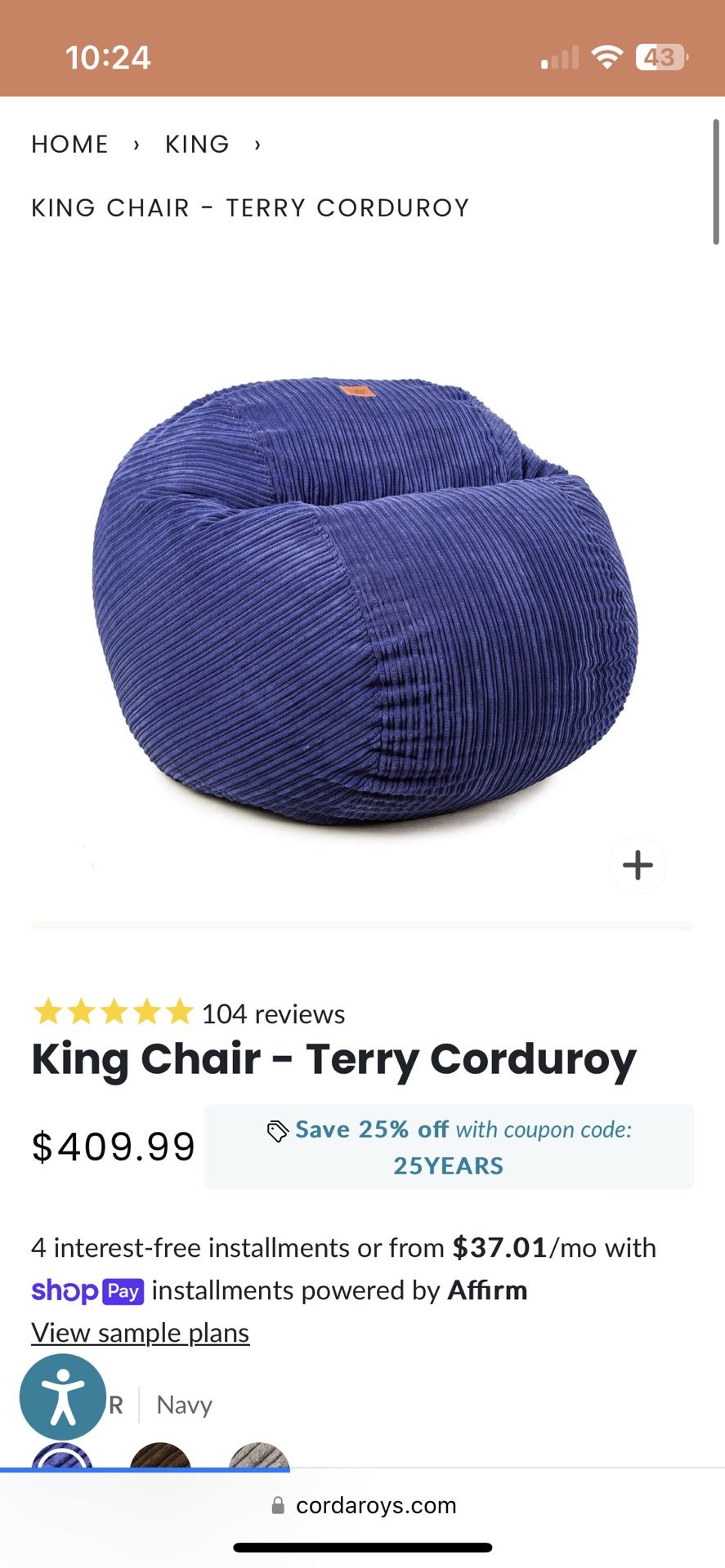 Cordaroy Bean Bag, King Size!