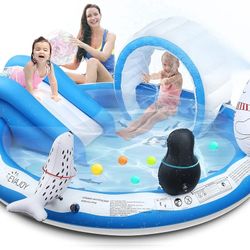 Inflatable Play Center Kiddie Pool with Slide, Sprinkler, Ice & Snow Theme with Inflatable Dolls, Easy Setup for Garden, Backyard