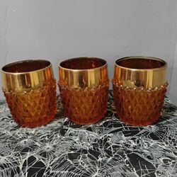 Vintage indiana glass amber diamond point rocks glasses