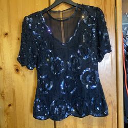 Vintage Laurence Kazar Black Sequin Silk Top – Size S