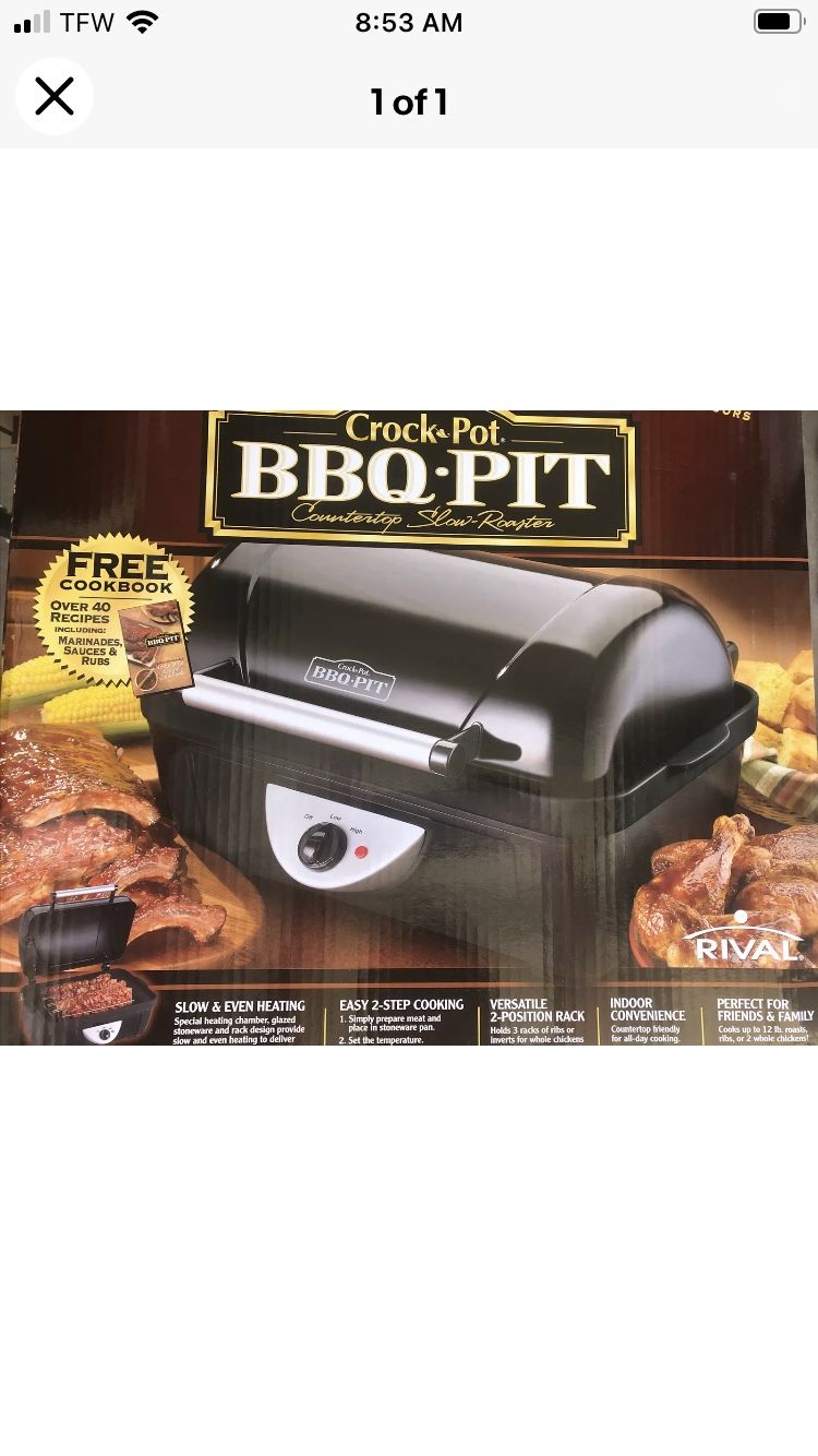 RIVAL Crock Pot BBQ Pit Indoor Countertop Slow Roaster Meat Cooker Grill BB100