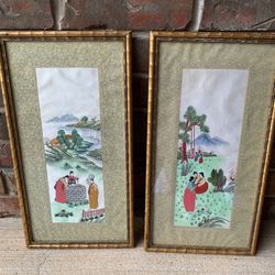 Two Vintage Silk Wall Art Paintings With Embroidery Oriental Scenery Bamboo Frame