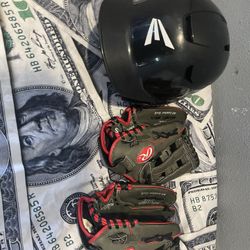 baseball helmet and gloves