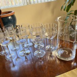 Vintage Etched Glassware 9 Pieces One Pitcher 8 Glasses