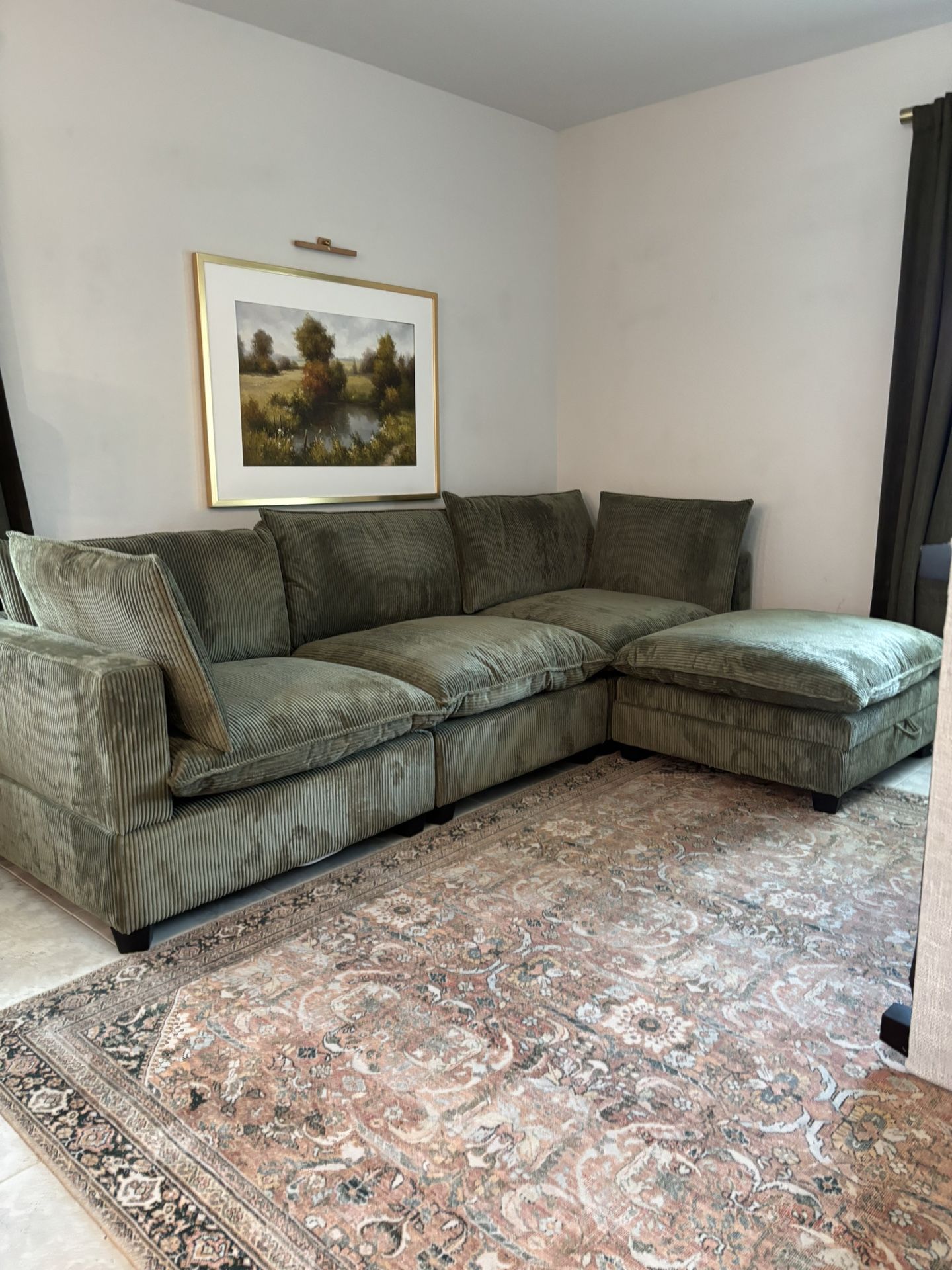 Olive Velvet Corduroy Sectional Couch Delivery Available