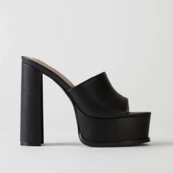 Faux Leather Platform Mule Heels in Black