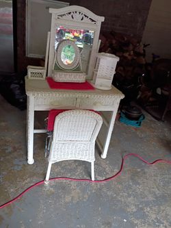 White Wicker Vanity Set with Chair and Mirror