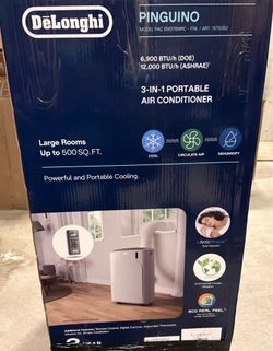 Barely used DeLonghi Pinguino PAC EM375WRC portable air conditioner (12,000 BTU ASHRAE / 6,900 BTU DOE), ideal for rooms up to 500 sq. ft., with cooli