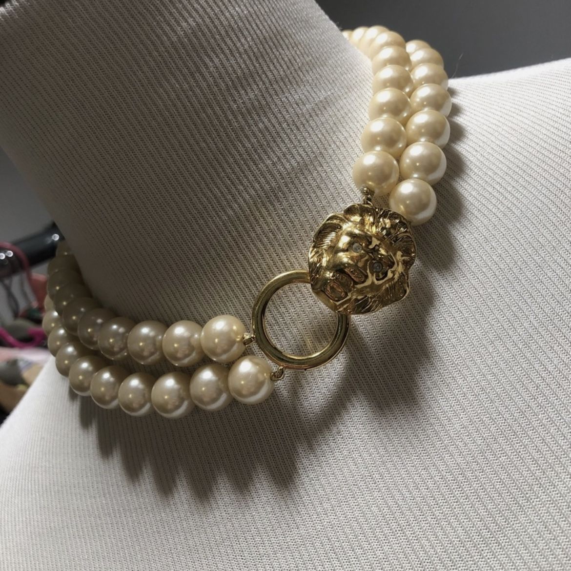 Kenneth Jay Lane AVON Double Strand Faux Pearl Lion’s Head Necklaces