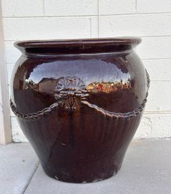 Large Glazed Ceramic Planter Pot - Dark Brown Urn with Garland Detail