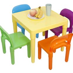 Kids Plastic Table and 4 Chairs Set, Multicolor Play Room Furniture for Reading, Train, Art, Crafts