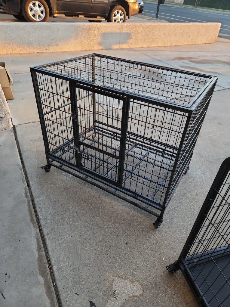 Dog Crate 43-inch Heavy Duty Metal Dog Cage Collapsible Open Top Pet Kennel w/Double Doors & Prevent Escape Locks/Lockable Wheels/Double Tray Indoor O