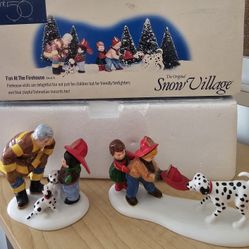 $20.00 - 1998 Christmas Department 56, Snow Village Collection " Fun At The Firehouse" - (2) Whimsical Porcelain Figurines: Kids/Dalmatians/Fireman!  