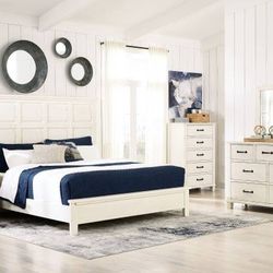 WHITE-6PC-Dresser Mirror Queen Panel Bed