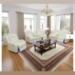 Power Electric White Leather Fully Reclining Couch Set