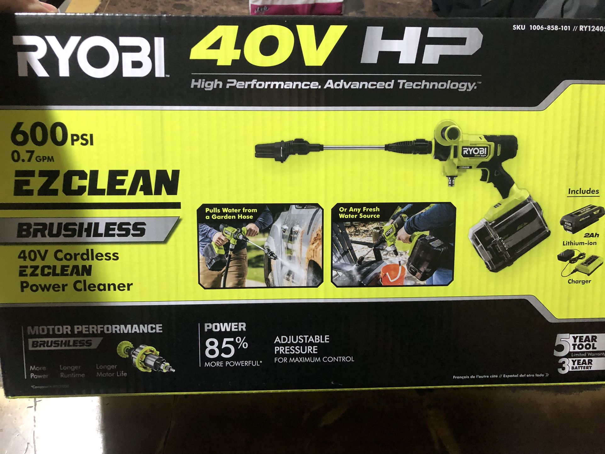 Brand new RYOBI 40V HP Brushless EZClean 600 PSI 0.7 GPM Cordless Battery Cold Water Power Cleaner with 2.0 Ah Battery and Charger