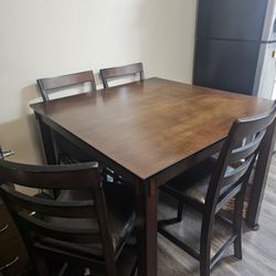 Dark Wood Tall Dining Table + 4 Chairs – Like New